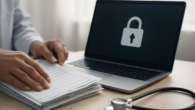 Seseorang mengatur dokumen medis dan laptop untuk melindungi data kesehatan pribadi