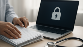 Seseorang mengatur dokumen medis dan laptop untuk melindungi data kesehatan pribadi