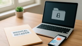 Meja dengan folder rekam medis, laptop, dan ponsel untuk menyimpan data kesehatan pribadi